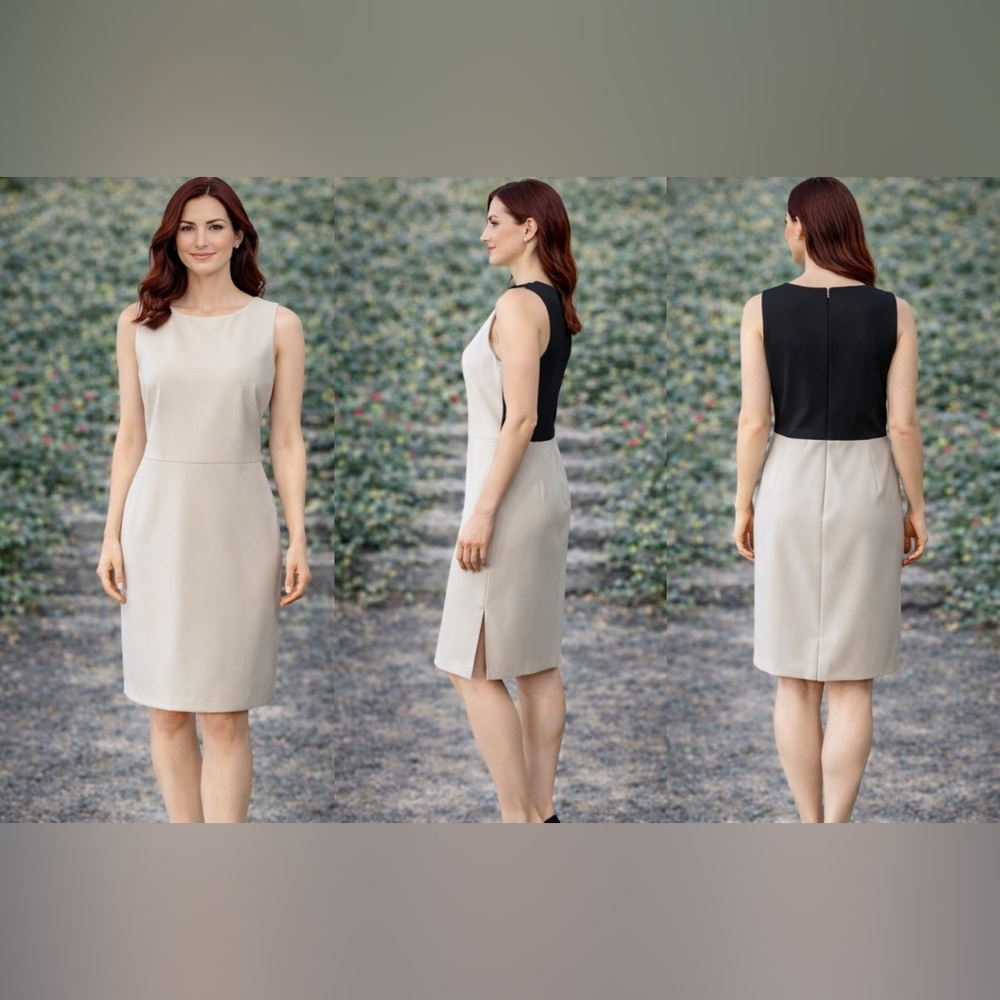 DKNYC Dress Gray Stone Black 10 Midi Sheath Career Church Colorblock